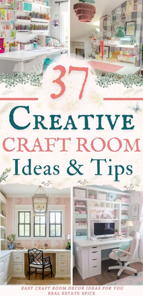 says 37 creative craft room ideas and tips with 4 images of craft rooms with desk chairs bins organizers below says easy craft room decor ideas for you Craft Room Theme Ideas, Small Craft Space, Home Office Craft Room Combo, Room Ideas Storage, She Shed Craft Room, Craft Room Makeover, Office Craft Room Combo, Bonus Room Design, Craft Room Ideas