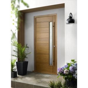 Stockholm Ultimate External Oak Front Door with Outer Frame Grey Front Door, External Front Doors, Grey Front Doors, Unique Front Doors, Oak Front Door, Grey Hardwood, Contemporary Front Doors, Veneer Door, Pull Bar