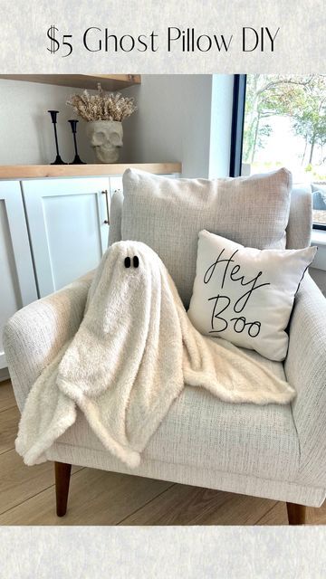 Boho Ghost Decor, Ghost Shaped Pillow, How To Make Gus The Ghost Pillow, Halloween Cushion Diy, Ghost Mantle Decor, Ghost Living Room Decor, Sherpa Ghost Pillow, Halloween Pillows Ideas, Gus The Ghost Pillow