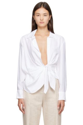 Jacquemus Bahia Shirt, Drape Blouse, White Collared Shirt, Draped Blouse, Tie Shirt, White Long Sleeve Shirt, Twill Shirt, White Tie, Tie Top