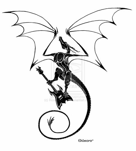 Dragon and guitar tattoo Dragon Music Tattoo, Branding Moodboard, Guitar Tattoo, Music Tattoo, Dragon Wings, Dragon Artwork, Tattoo Flash, Crows, Playing Guitar