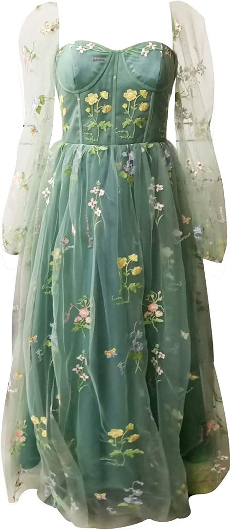 Autumn Bridesmaids, Prom Dress Aesthetic, Embroidery Flower Dress, Embroidery Green, Fall Bridesmaids, Fairycore Dress, Fall Bridesmaid Dresses, Prom Dresses Formal, Puffy Dresses