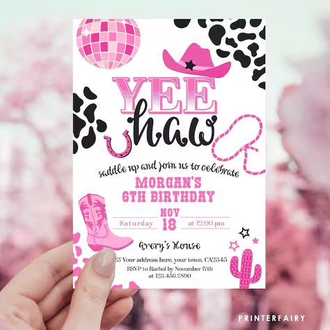 PrinterFairy - Etsy Spain Disco Cowgirl Birthday, Disco Cowgirl Party, Country Birthday Party, Cowgirl Birthday Invitations, Cowgirl Invitations, Cowgirl Disco, 1st Rodeo, Rodeo Birthday Parties, Disco Birthday