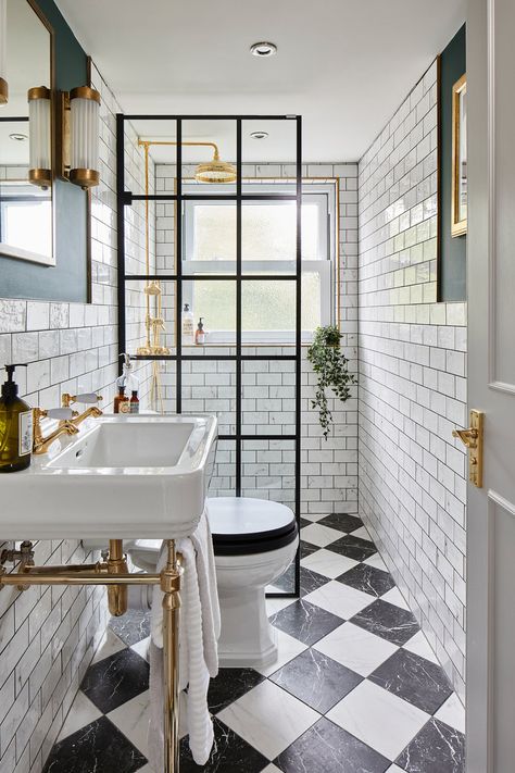 50+ Bathroom Remodel Ideas For Every Size & Style Bathroom With Brass Fixtures, Bilik Air, Small Bathroom Interior, Victorian Bathroom, Downstairs Toilet, Small Bathroom Makeover, Black And White Tiles, Bathroom Inspiration Decor, Upstairs Bathrooms