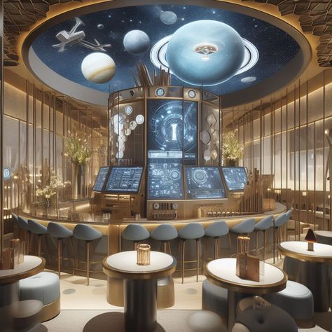 Search Alien Stage Cafe, Futuristic Restaurant Concept Art, Space Cafe Concept Art, Scifi Restaurant, Futuristic Moon City, Cafe Design, Cyberpunk, Avatar, Sci Fi