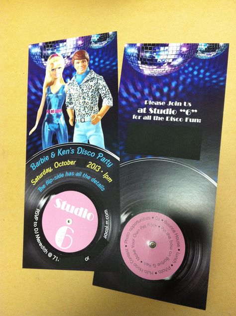 Barbie and ken disco invitation I designed for Mia's 6th birthday. The center part of the record spins. Barbie And Ken Birthday Invitations, Barbie Party Invite, Barbie And Ken Party, Barbie Invite, Ken And Barbie, Leo Birthday, Center Part, Barbie Birthday, Barbie Party