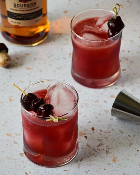 Cherry Smash Cocktail, Bourbon Cherry Smash, Mikayla Core, Cherry Bounce Recipe Whiskey, Cherry Bourbon Smash, Cherry Bourbon Cocktail, Cherry Bourbon Lemonade, Bourbon Infused Cherries, Black Cherry Whiskey Sour