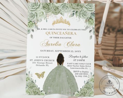 Sage Green Floral Gold Brown Girl Quinceañera Invitation EDITABLE TEMPLATE Quince 15 XV Sweet 16 Birthday Diy Invite Printable Download QC43 Sage Green Ball Gown, Sage Green Roses, Green Ball Gown, Quinceañera Invitation, Quince Invitations, Princesa Tiana, Quinceanera Invitation, Green Roses, Sage Green Floral