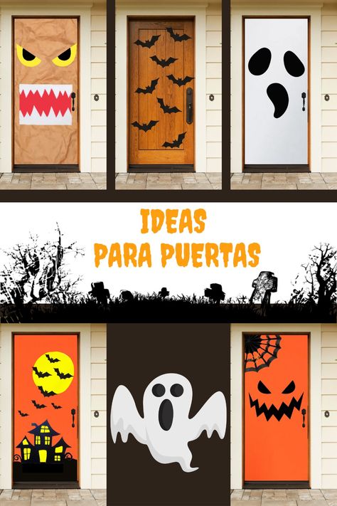 Ideas para que decores tus puertas con motivos de halloween. Fáciles de realizar y economicas. Todos los modelos los puedes hacer con cartulinas y papel craft #halloween #halloweendecor #october #octubre #decoracionhalloween #diy Puerta Halloween, Fiesta Halloween, Halloween Infantil, Craft Halloween, Casa Halloween, Adornos Halloween, Ideas Halloween, Dia De Muertos, Halloween Decor