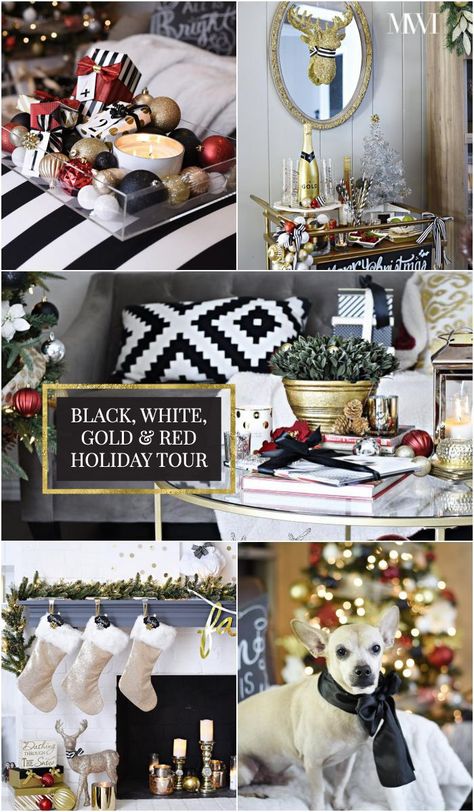 Black White Gold Red Christmas Tree, Black Red And Gold Christmas Decor, Black Red Gold Christmas Decor, Black Gold And Red Christmas Decor, Red Gold Black Christmas Tree, Black White Red Christmas Decor, Black White And Red Christmas Decor, Red Black White Christmas, Black White And Gold Christmas