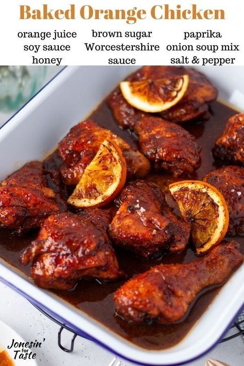 This easy baked orange chicken is a delicious dinner option that is quick and easy to prepare. With juicy chicken pieces in a sticky orange sauce it is simple and flavorful. Oven Baked Orange Chicken, Orange Juice Chicken Recipe, Orange Chicken Thighs, Creative Dinners, Eating Cheap, Orange Glazed Chicken, Body Recomp, Baked Orange Chicken, Foodie Lover