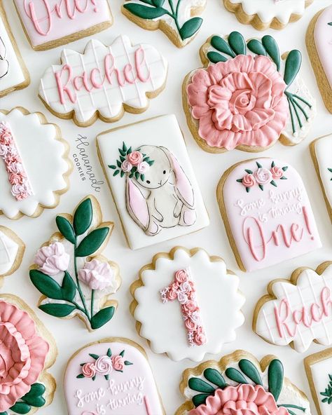 Flooded Cookies, Flower Sugar Cookies, Some Bunny Is One, First Birthday Cookies, Bunny Theme, Flooding Cookies, Theme Cookies, Royal Iced Cookies, Fancy Cupcakes