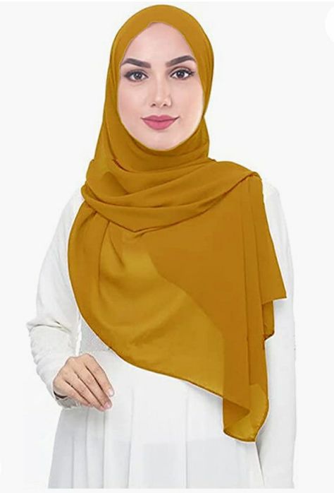 Lightweight scarf worn as a hijab, giving coverage over head, shoulders and chest. White Hijab, Mustard Scarf, Chiffon Hijab, Muslim Hijab, Chiffon Scarf, Azure Blue, Shawl Wrap, Long Scarf, Muslim Women