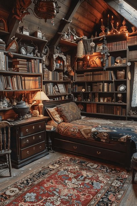 29 Enchanted Bedroom Ideas 21 Enchanted Bedroom Ideas, Dark Academia Bedroom Ideas, Enchanted Bedroom, Dark Academia Bedroom, Feeling Uneasy, Academia Bedroom, Log Cabin Living, Magical Room, Witch Room