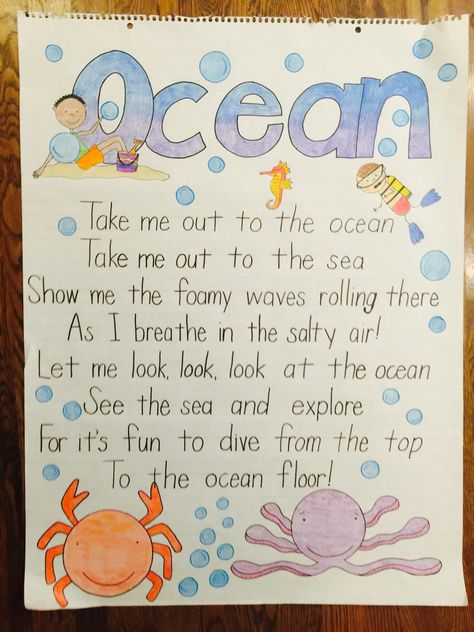 Ocean poem anchor chart Ocean Anchor Chart Preschool, Ocean Anchor Chart, Poem Anchor Chart, 7 Habits Posters, Ocean Poem, Theme Anchor Charts, Summer Lesson Plans, Pre K Lesson Plans, Pirate Unit