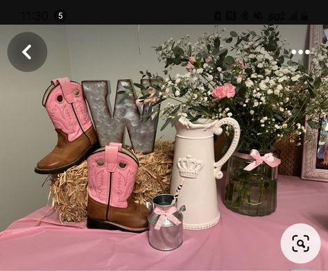 My First Rodeo Centerpieces Girl, Baby Shower Cowgirl Theme, 1st Rodeo Centerpieces Pink, Western Baby Shower Ideas Girl, Little Cowgirl Baby Shower Ideas, Pink Cowgirl Baby Shower Theme, A Little Cowgirl Is On Her Way, Cowgirl Baby Shower Games, Rodeo Baby Shower