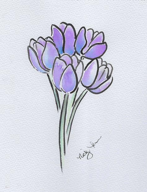 Line Art Romantic, Watercolor Art Floral, Drawing Purple, Tulip Drawing, Easy Flower Drawings, Purple Wildflowers, Tulip Painting, Tulips Art, Botanical Art Prints