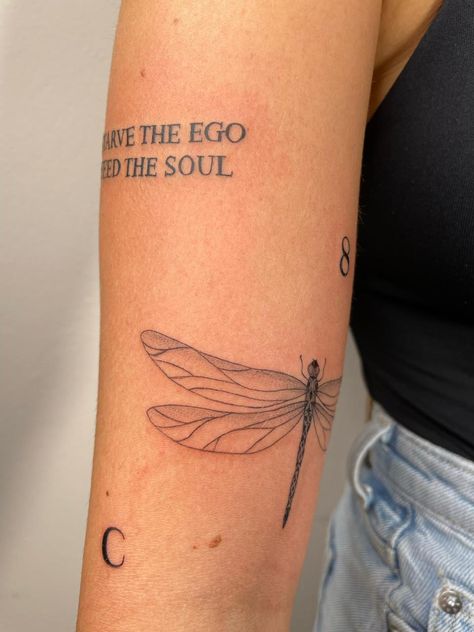 Dragonfly, letter C , starve the ego feed the soul , sticker sleeve Dragonfly Inn Tattoo, Dragonfly Red Tattoo, Green Dragonfly Tattoo, Aesthetic Dragonfly Tattoo, Linework Dragonfly Tattoo, Dragonfly One Line Tattoo, Dragonfly Quotes, Dragonfly Inn, Dragonfly Tattoo