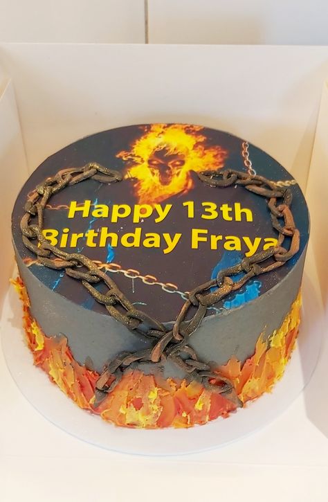 Marvel cake, buttercream flames, chocolate sponge Buttercream Flames, Marvel Cake, Happy 13th Birthday, Cake Buttercream, Chocolate Sponge, 13th Birthday, White Cake, Ghost Rider, Birthday Cake Ideas