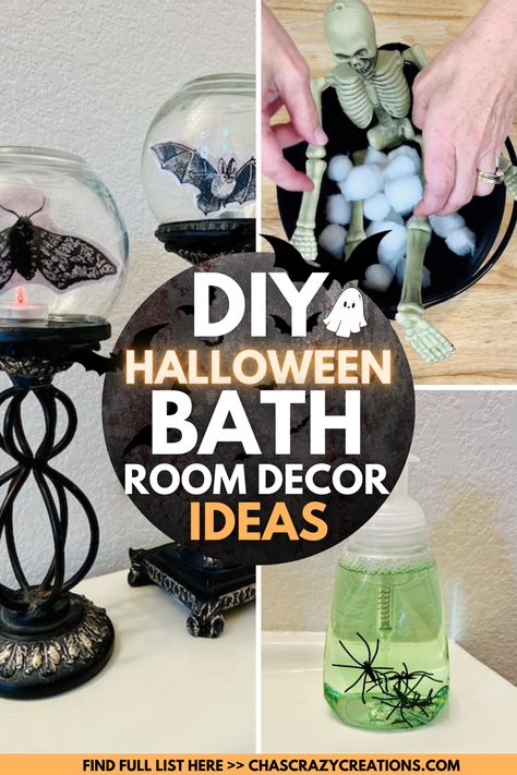 Are you looking for DIY Halloween bathroom decor? I create a few fun things with some supplies from Dollar Tree. Halloween Decor Bathroom Ideas, Small Bathroom Halloween Decor, Skeleton In Bathtub With Bubbles Diy, Halloween Half Bathroom Decor, Bathroom Halloween Decor Ideas, Halloween Decor For Bathroom, Halloween Party Bathroom Decor, Halloween Decorations For Bathroom, Diy Halloween Bathroom Decor