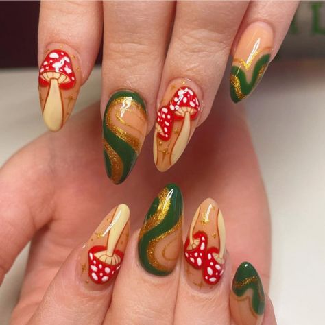 32 Mushroom Nail Art Designs : Swirly, Glitter and Mushroom Nails I Take You | Wedding Readings | Wedding Ideas | Wedding Dresses | Wedding Theme Mushroom Nails, Infinity Nails, Boho Nails, Hippie Nails, Almond Acrylic Nails, Diy Beauty Hacks, Simple Nail Designs, Dream Nails, Dope Nails