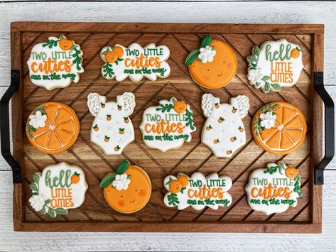 Two little cuties cookies Orange themed baby shower Twin Cuties Baby Shower Ideas, Two Cuties Baby Shower Ideas Twins, Two Little Cuties Twin Baby Shower Theme, Twin Baby Shower Ideas Theme, Twins Baby Shower Ideas, Twin Baby Shower Decorations, Twin Things, Baby Shower Twins, Twin Baby Shower Theme