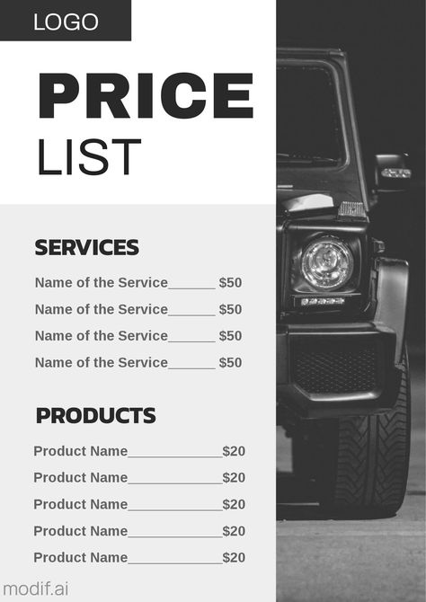 Show your services and prices in a neat presentation with this template. Edit the texts and the photo to make it your own. Price List Design Graphics, Price List Design Templates, Price List Design, Price List Template, List Design, Car Photo, Create Graphics, Visual Marketing, Story Templates