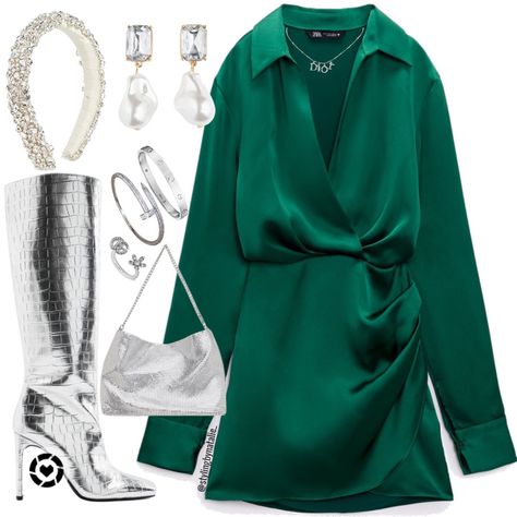 Green Dress Silver Accessories, Satin Dress With Boots, Green Satin Dress Outfit, Silver Accessories Outfit, Emerald Green Dress Outfit, Silver Knee High Boots, Emerald Green Satin Dress, Green Dress Outfit, Satin Outfit