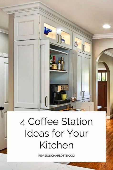 Coffee Station Kitchen Island, Tea Bar Station Kitchen, Coffee Pot In Pantry, Coffee Station Pantry Cabinet, Built In Cabinet Coffee Bar, Coffee Station In Cabinet, Beverage Nook In Kitchen, Coffee Station In Cupboard, Kitchen Organization Coffee Station