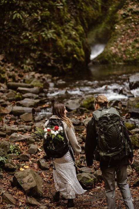 Oregon Waterfall Elopement, Hiking Prenup Ideas, Adventure Elopement Ideas, Elopement Timeline, Nc Elopement, Hiking Wedding, Waterfall Elopement, Prenup Ideas, Elopement Weddings