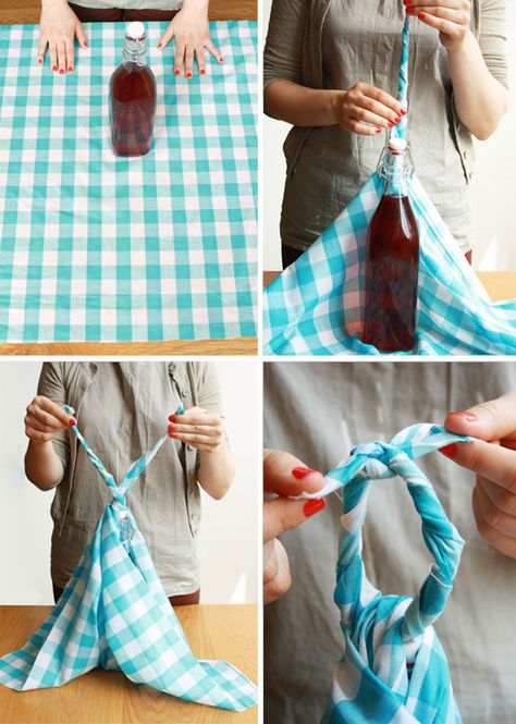 how to wrap a bottle as a gift or for a cute picnic Japanese Wrapping, Furoshiki Wrapping, Bottle Wrapping, Picnic Set, Bottle Carrier, Picnic Bag, Pretty Fabric, A Picnic, Fabric Squares