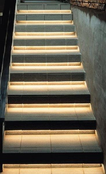 did you know that rope lights can also be used to light the steps on a set of stairs? Light Stairs, Stairs Lighting, Led Stair Lights, Lighting Design Inspiration, Led Accent Lighting, Contemporary Staircase, Iron Stair Railing, Outdoor Stair Lighting, Stair Lights