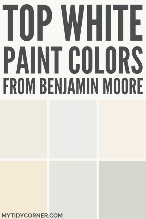 Collage of the trending white paint colors by Benjamin Moore. Eggshell White Walls, White Paint Bathroom Walls, White Paint Colors For Walls Benjamin Moore, White Benjamin Moore Paint Colors, Benjamin Moore Linen White Walls, Warm White Paint Colors Benjamin Moore, Popular Benjamin Moore Paint Colors, White Bathroom Paint Colors, Best White Paint For Walls