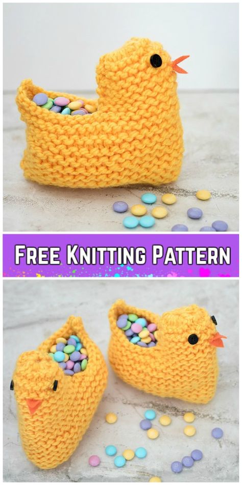 Knit Easter Chick Basket Free Knitting Patterns Knitted Easter Crafts, Påskeaktiviteter For Barn, Crochet Easter Basket, Easy Knitting Projects, Knit Basket, Easter Chick, Woven Wrap, Beginners Knitting, Easter Crochet