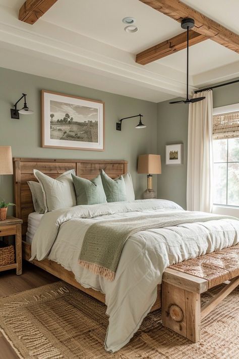 Sage Rustic Bedroom, Sage Green Natural Wood Bedroom, Farmhouse Sage Bedroom, Green Earth Tones Bedroom, Master Bedrooms Mobile Home, Sage Colored Bedroom Aesthetic, Rustic Wooden Bedroom Ideas, Nature Bedroom Decor Ideas, Green Bedroom With Wood Furniture