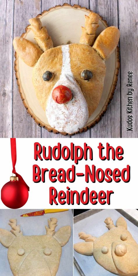 Give your homemade bread baking skills a whimsical twist by making this Whole Wheat Rudolph the Bread-Nosed Reindeer. Or, you can use store-bought frozen bread dough and follow the instructions for forming and shaping. #christmasbread #shapedbread #rudolphbread #wholewheatbread #foodart #yeastbread #kudoskitchenrecipes #christmasrecipe Bread Yeast, Shaped Bread, Baking Skills, Christmas Side Dishes, Frozen Bread Dough, Holiday Bread, Christmas Bread, Rudolph Reindeer, Christmas Recipes Easy