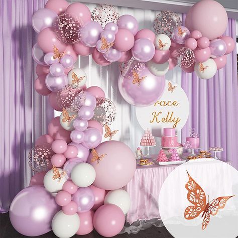 Mauve/Pink Butterfly Theme 123pcs Balloon Garland Decorating Kit Butterfly Birthday Party Decorations, Butterfly Balloons, Butterfly Birthday Party, 1st Birthday Party Decorations, Gold Confetti Balloons, Rose Gold Confetti, Purple Balloons, Rose Gold Balloons, Garland Arch