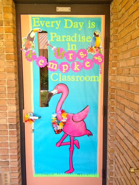 Teacher appreciation door for 2nd grade.  Used items from Dollar store and Cricut to cut out letters. Hawaiian School Theme, Luau Bulletin Board Ideas, Luau Door Decorations Classroom, Tropical Door Decorations Classroom, Tropical Bulletin Board Ideas, Hawaiian Classroom Door, Flamingo Bulletin Board Ideas, Flamingo Classroom Door, Hawaiian Teacher Appreciation Door