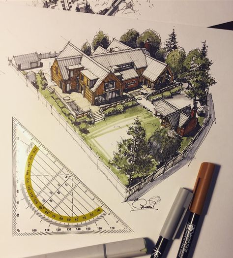 Amazing work by @stasarchitector. An aerial view sketch of a house. Futuristic Workshop, View Sketch, Interior Architecture Sketch, Bird Eye View, Perspective Sketch, Furniture Design Sketches, Architectural Presentation, Perspective Drawing Architecture, Interior Design Renderings