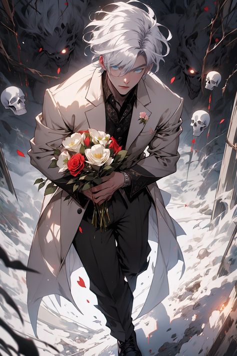 A handsome silver-haired boy walks on a horror road full of ghosts, carrying a bouquet of flowers. Anime Guy Flowers, Anime Bouquet, White Tuxedo Wedding, Bouquet Drawing, Anime Winter, Suit Drawing, White Wedding Suit, Rose Flower Bouquet, Flower Boquet