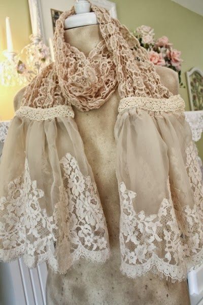 The Polka Dot Closet: Making Shabby Scarves From Vintage Table Runners And Lace Shabby Chic Clothes, Patchwork Scarf, Estilo Shabby Chic, Lace Crafts, Chic Scarves, Fabric Scarf, Diy Scarf, Repurposed Clothing, Shabby Chic Crafts