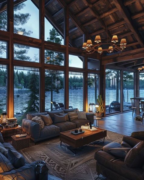 House Design With Big Windows, Lake View From Window, Cabin With Large Windows, Lots Of Windows House, Full Window Wall Living Room, Lake House Windows, Farm Windows, Cozy Cabin Living Room, Luxury Cabin Interior