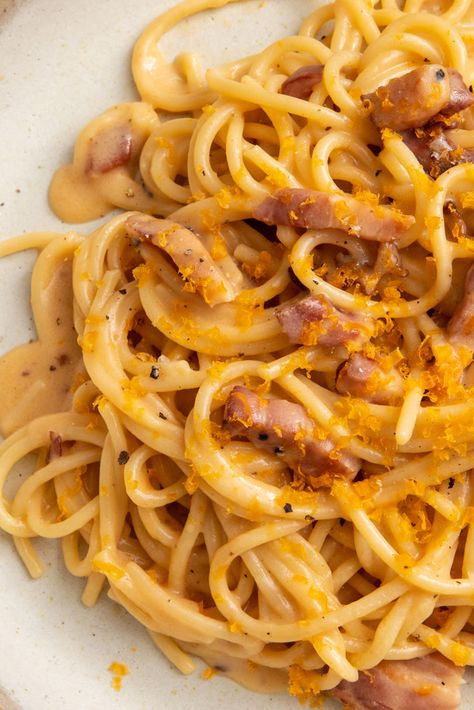 Carbonara with Cured Egg Yolk Recipe Egg Yolk Recipe, Egg Yolk Recipes, Cured Egg Yolk, Cured Egg, Salted Egg Yolk, Parmesan Pasta, Salted Egg, Spaghetti Pasta, Spaghetti Recipes