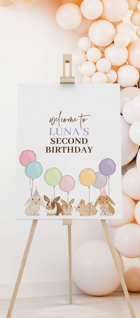 This cute pastel poster is the perfect way to welcome guests to your child's bunny themed birthday party. Easy to edit and print - try out the demo at Etsy! Somebunny Is Turning Two, Bunny Theme 2nd Birthday Party, Bunny Birthday Balloons, Two Year Old Bunny Party, Funny Bunnies Birthday Theme, Bunny Themed Birthday Party, Bunny Birthday Theme, Drawing Themes, Birthday Posters