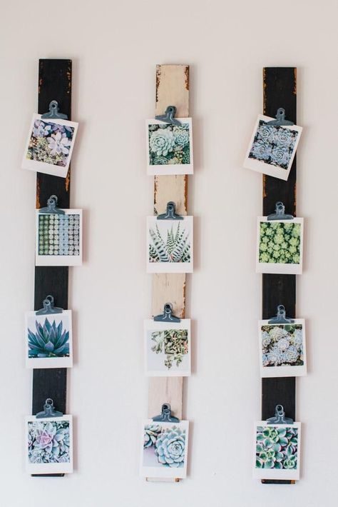 A cheap and clever way to display small photos. #DIY: Polaroid Display, Butik Design, Koti Diy, Kerajinan Diy, Diy Projektit, Diy Casa, Picture Hanging, Design Sponge, Hanging Pictures