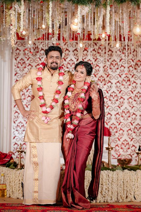 Vishnu V Nair and Kavya wedding Pics Reception Saree For Bride, Engagement Couple Dress, Wedding Matching Outfits, Marriage Poses, Stylish Boy Clothes, Indian Wedding Garland, Indian Bride Poses, Wedding Outfits For Groom, Indian Wedding Poses