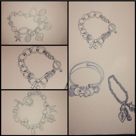 Charm bracelet sketches Bracelets Drawing Sketch, Bracelet Sketch, Bracelet Drawing, Charm Bracelet Tattoo, Accessories Design Sketch, Charm Tattoo, Chunky Charm Bracelet, Bracelet Tattoo, Drawing Journal