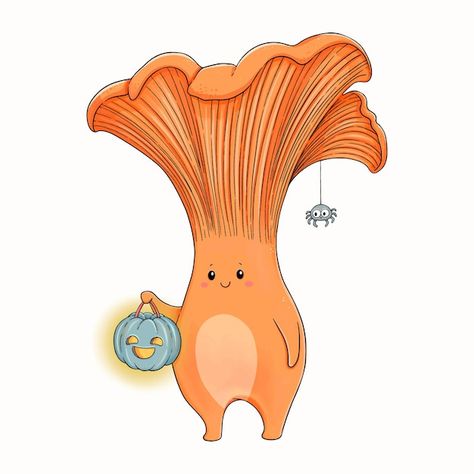 Chanterelle Illustration, Mushroom Chanterelle, Jack O Lantern Mushroom, Halloween Mushrooms, Mushroom Halloween, Mushroom Ideas, Mushroom Pumpkin, Halloween Mushroom, Mushroom Cut