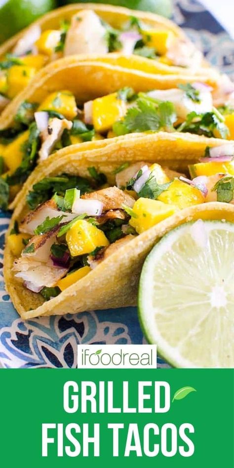 These Grilled Fish Tacos are the perfect addition to your next taco night; combining flavorful grilled white fish (cod, halibut, mahi-mahi) with mango salsa and optional crema creates a wonderfully sweet, savory, spicy meal for all and the best grilled fish tacos recipe ready in under 30 minutes! Halibut Tacos Recipes, Halibut Tacos, Fish Tacos With Mango Salsa, Tacos With Mango Salsa, Grilled Fish Tacos, Healthy Mexican Recipes, Mexican Dish, Fish Tacos Recipe, Healthy Casseroles