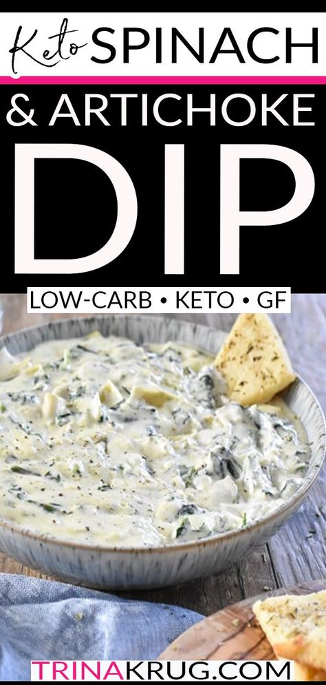 Warm, cheesy, and oh-so-comforting, Keto spinach and artichoke dip is a total crowd-pleaser! This dish is irresistibly creamy and loaded with flavor, making it the perfect dip to bring to parties or to enjoy with friends and family! Spinach and artichoke dip is one of those rare dishes that everyone seems to love. And this recipe is no exception! This Keto spinach and artichoke dip is irresistibly creamy, gloriously cheesy, and has just the right amount of flavor kick! | @trinakrug Keto Spinach Dip, Spinach And Artichoke Dip Recipe, Keto Stuffing, Keto Spinach, Enjoy With Friends, Spinach And Artichoke Dip, Artichoke Dip Recipe, Spinach Artichoke Dip, Healthy Gluten Free Recipes